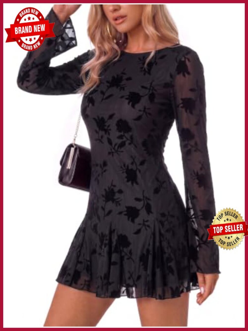 Long Sleeve Floral Jacquard Mini Dress Sheer Bell Sleeve Party
